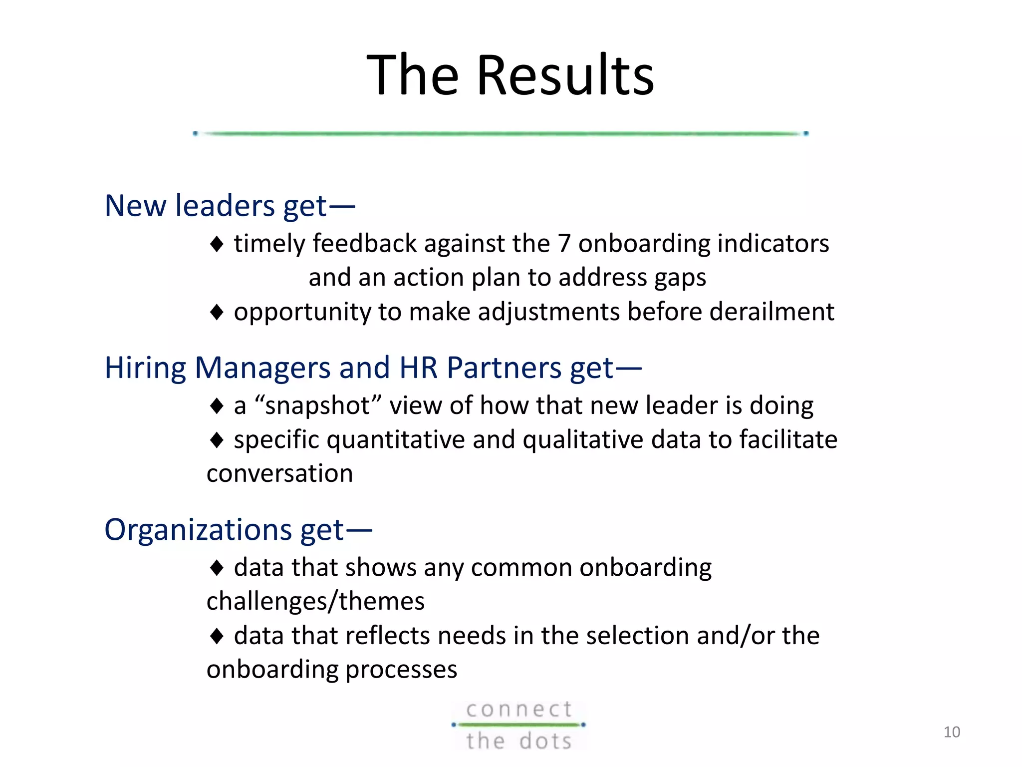 The Results
New leaders get—
timely feedback against the 7 onboarding indicators
and an action plan to address gaps
opportunity to make adjustments before derailment
Hiring Managers and HR Partners get—
a “snapshot” view of how that new leader is doing
specific quantitative and qualitative data to facilitate
conversation
Organizations get—
data that shows any common onboarding
challenges/themes
data that reflects needs in the selection and/or the
onboarding processes
10
 