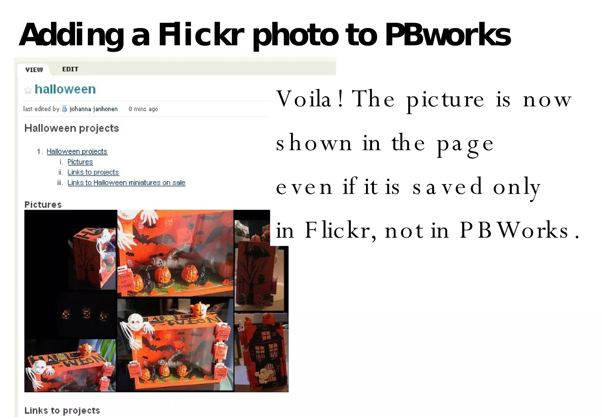 Adding a Flickr photo to PBworks Voila! The picture is now shown in the page even if it is saved only in Flickr, not in PBWorks. 