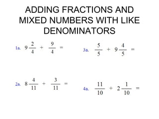 ADDING FRACTIONS AND
MIXED NUMBERS WITH LIKE
DENOMINATORS

 