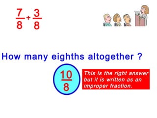 7 8 3 8 + How many eighths altogether ? 10 8 This is the right answer but it is written as an  improper fraction. 
