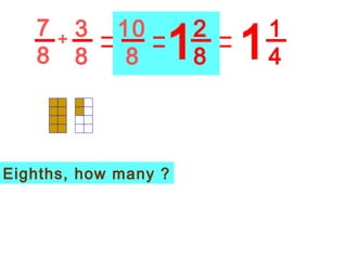 7 8 3 8 + 10 8 2 8 1 1 1 4 Eighths, how many ? 