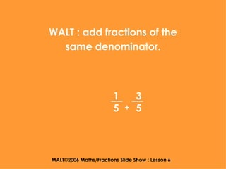 MALT©2006 Maths/Fractions Slide Show : Lesson 6 WALT : add fractions of the same denominator. 1 5 3 5 + 