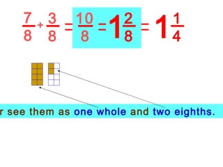 7 8 3 8 + 10 8 2 8 1 1 1 4 Or see them as  one whole  and  two eighths .  
