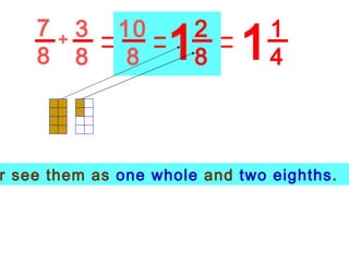 7 8 3 8 + 10 8 2 8 1 1 1 4 Or see them as  one whole  and  two eighths .  