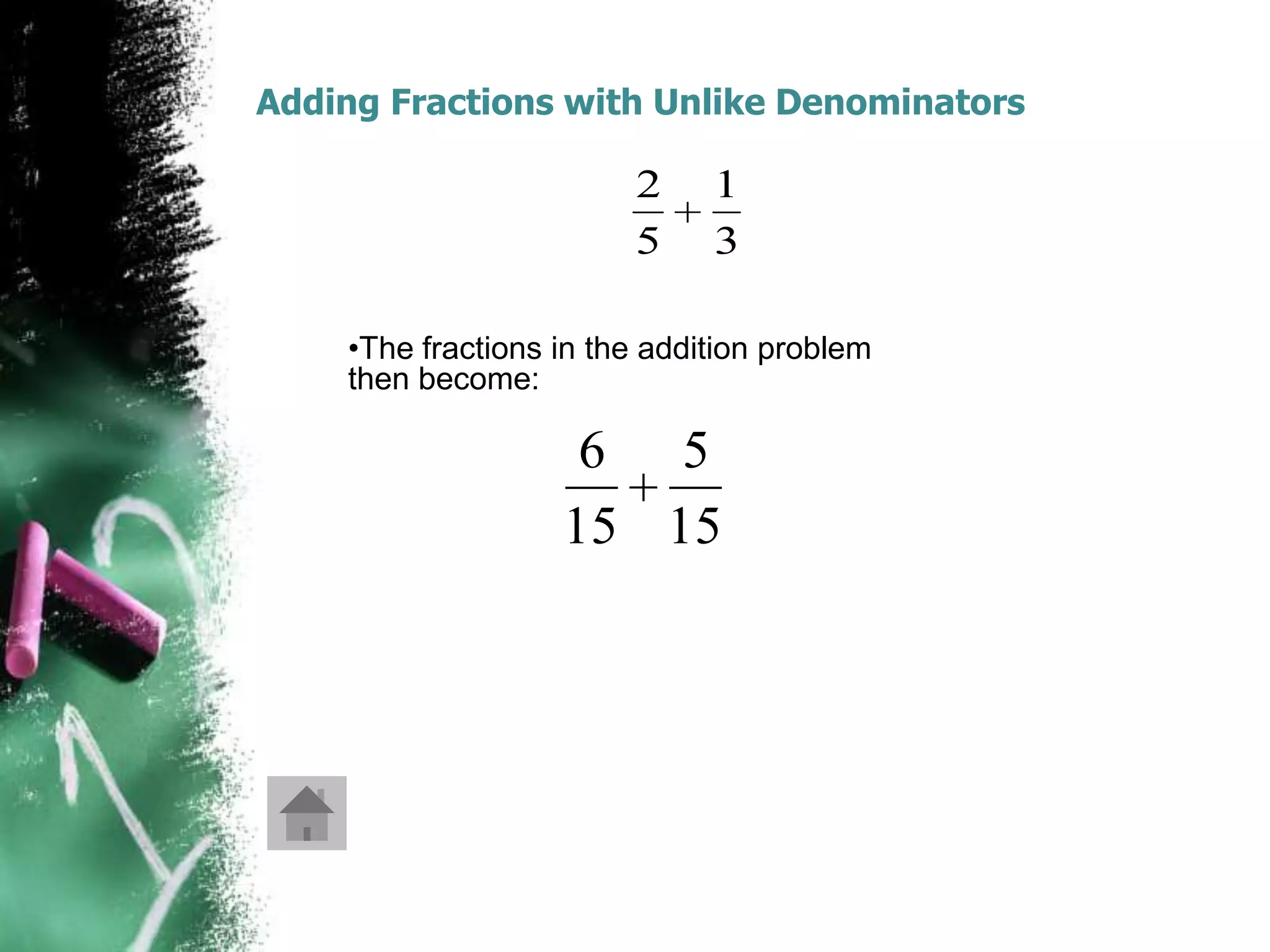 Adding Fractions with Unlike Denominators

                        2     1
                        5     3

    •The fractions in the addition problem
    then become:

                    6 5
                   15 15
 