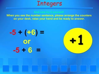 IntegersAnd now try it yourself. When you see the number sentence, please arrange the counters on your desk, raise your hand and be ready to answer.-5+(+6) =or-5+ 6  =+1