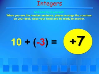 IntegersAnd now try it yourself. When you see the number sentence, please arrange the counters on your desk, raise your hand and be ready to answer.+710 + (-3) =