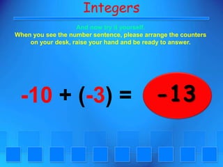 IntegersAnd now try it yourself. When you see the number sentence, please arrange the counters on your desk, raise your hand and be ready to answer.-13-10 + (-3) =
