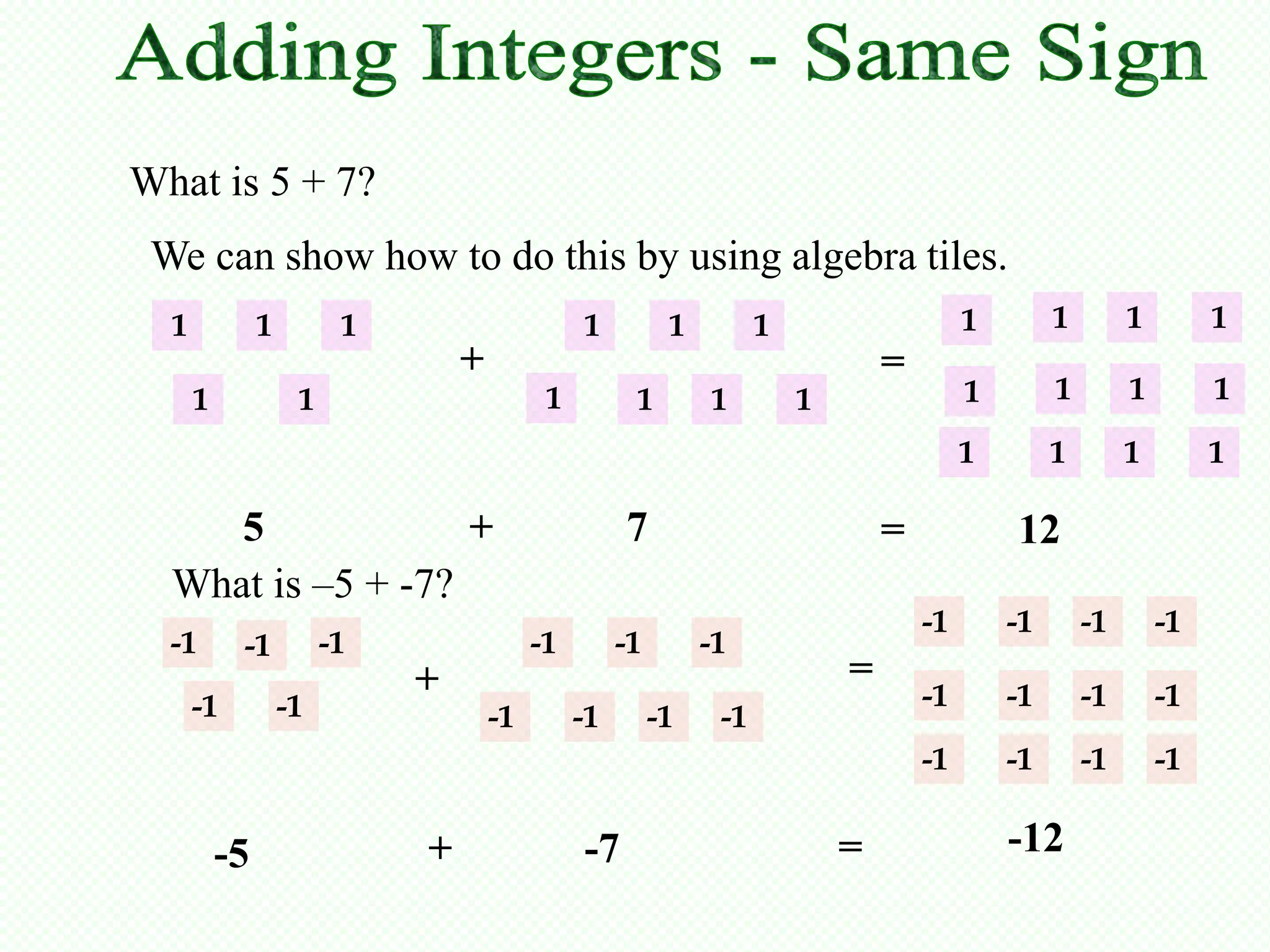 What is 5 + 7?
 We can show how to do this by using algebra tiles.
  1            1         1                     1          1         1                    1        1        1        1
                                 +                                              =
      1             1                      1         1        1         1                1        1        1        1

                                                                                         1        1        1        1

     5             +                                7                           =            12
  What is –5 + -7?
                                                                                    -1       -1       -1       -1
  -1       -1           -1                -1        -1        -1
                             +                                              =
      -1           -1                                                               -1       -1       -1       -1
                                     -1        -1        -1    -1
                                                                                    -1       -1       -1       -1


          -5                 +                 -7                           =                -12
 