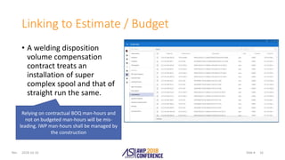 Slide #Rev.
Linking to Estimate / Budget
• A welding disposition
volume compensation
contract treats an
installation of super
complex spool and that of
straight run the same.
2018-10-10 16
Relying on contractual BOQ man-hours and
not on budgeted man-hours will be mis-
leading. IWP man-hours shall be managed by
the construction
 