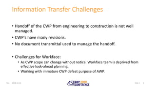 Slide #Rev.
Information Transfer Challenges
• Handoff of the CWP from engineering to construction is not well
managed.
• CWP’s have many revisions.
• No document transmittal used to manage the handoff.
• Challenges for Workface:
• As CWP scope can change without notice. Workface team is deprived from
effective look-ahead planning.
• Working with immature CWP defeat purpose of AWP.
2018-10-10 5
 