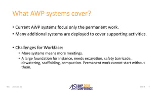 Slide #Rev.
What AWP systems cover?
• Current AWP systems focus only the permanent work.
• Many additional systems are deployed to cover supporting activities.
• Challenges for Workface:
• More systems means more meetings.
• A large foundation for instance, needs excavation, safety barricade,
dewatering, scaffolding, compaction. Permanent work cannot start without
them.
2018-10-10 7
 
