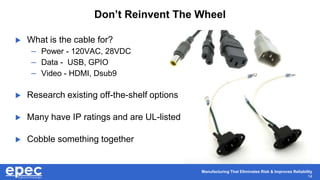 Manufacturing That Eliminates Risk & Improves Reliability
14
Don’t Reinvent The Wheel
 What is the cable for?
– Power - 120VAC, 28VDC
– Data - USB, GPIO
– Video - HDMI, Dsub9
 Research existing off-the-shelf options
 Many have IP ratings and are UL-listed
 Cobble something together
 