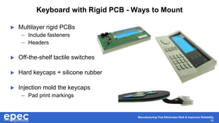 Manufacturing That Eliminates Risk & Improves Reliability
26
Keyboard with Rigid PCB - Ways to Mount
 Multilayer rigid PCBs
– Include fasteners
– Headers
 Off-the-shelf tactile switches
 Hard keycaps + silicone rubber
 Injection mold the keycaps
– Pad print markings
 