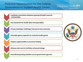 Potential Opportunities for the Federal
Government to Support Health Games




                                          20
 