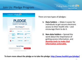 Join Us: Pledge Program

                                       There are two types of pledges:

                                           1. Data holders -- Make it easier for
                                              individuals to get secure electronic
                                              access to their health info – and
                                              encourage them to do it.

                                           2. Non-data holders – Spread the
                                              word about the importance of
                                              getting access information, and
                                              develop tools to make that
                                              information actionable.




 To learn more about the pledge or to take the pledge: http://www.healthit.gov/pledge/
                                                                                 22
 