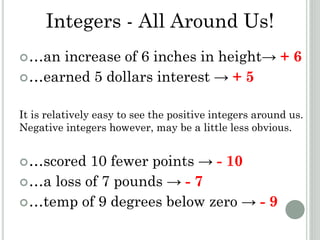…an increase of 6 inches in height→ + 6
…earned 5 dollars interest → + 5
It is relatively easy to see the positive integers around us.
Negative integers however, may be a little less obvious.
…scored 10 fewer points → - 10
…a loss of 7 pounds → - 7
…temp of 9 degrees below zero → - 9
Integers - All Around Us!
 