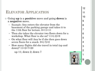 ELEVATOR APPLICATION
 Going up is a positive move and going down is
a negative move.
 Example: Ana enters the elevator from the
basement of the parking garage and takes it to
the 11th floor for lecture. 0+11=11
 Then she takes the elevator two floors down for a
workshop. What floor is she on? 11+(-2)=9
 On what floor will Ana be if she then goes down
seven floors for a snack. 9+(-7)=2
 How many flights did she travel in total (up and
down)? 11+2+7=20
up 11; down 2; down 7
12
11
10
9
8
7
6
5
4
3
2
1
B
 