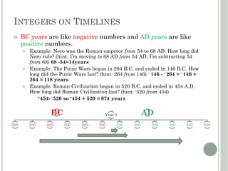 INTEGERS ON TIMELINES
 BC years are like negative numbers and AD years are like
positive numbers.
 Example: Nero was the Roman emperor from 54 to 68 AD. How long did
Nero rule? (hint: I’m moving to 68 AD from 54 AD; I’m subtracting 54
from 68) 68 -54=14years
 Example: The Punic Wars began in 264 B.C. and ended in 146 B.C. How
long did the Punic Wars last? (hint: 264 from 146) – 146 - - 264 = - 146 +
264 = 118 years
 Example: Roman Civilization began in 520 B.C. and ended in 454 A.D.
How long did Roman Civilization last? (hint: -520 from 454)
+454- -520 so +454 + 520 = 974 years
 