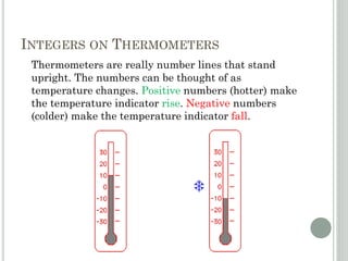 INTEGERS ON THERMOMETERS
Thermometers are really number lines that stand
upright. The numbers can be thought of as
temperature changes. Positive numbers (hotter) make
the temperature indicator rise. Negative numbers
(colder) make the temperature indicator fall.
 