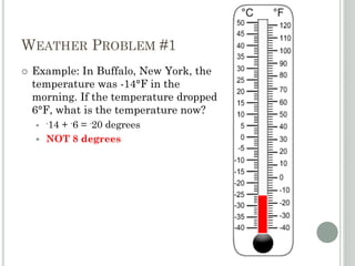 WEATHER PROBLEM #1
 Example: In Buffalo, New York, the
temperature was -14°F in the
morning. If the temperature dropped
6°F, what is the temperature now?
 -14 + -6 = -20 degrees
 NOT 8 degrees
 