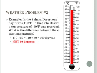 WEATHER PROBLEM #2
 Example: In the Sahara Desert one
day it was 110°F. In the Gobi Desert
a temperature of -50°F was recorded.
What is the difference between these
two temperatures?
 110 - -50 = 110 + 50 = 160 degrees
 NOT 60 degrees
 