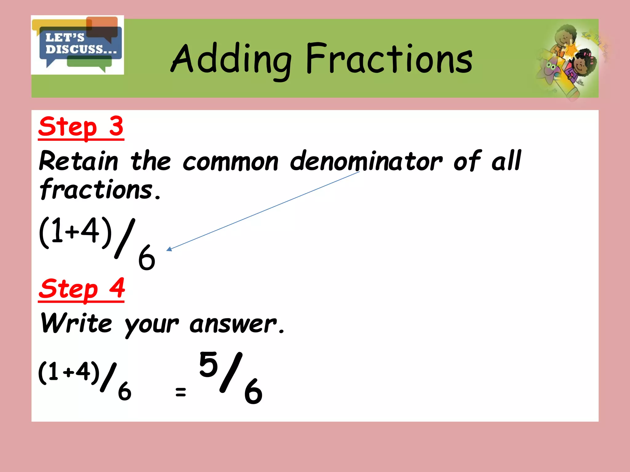 Adding Fractions
Step 3
Retain the common denominator of all
fractions.
(1+4)/6
Step 4
Write your answer.
(1+4)/6 =
5/6
 