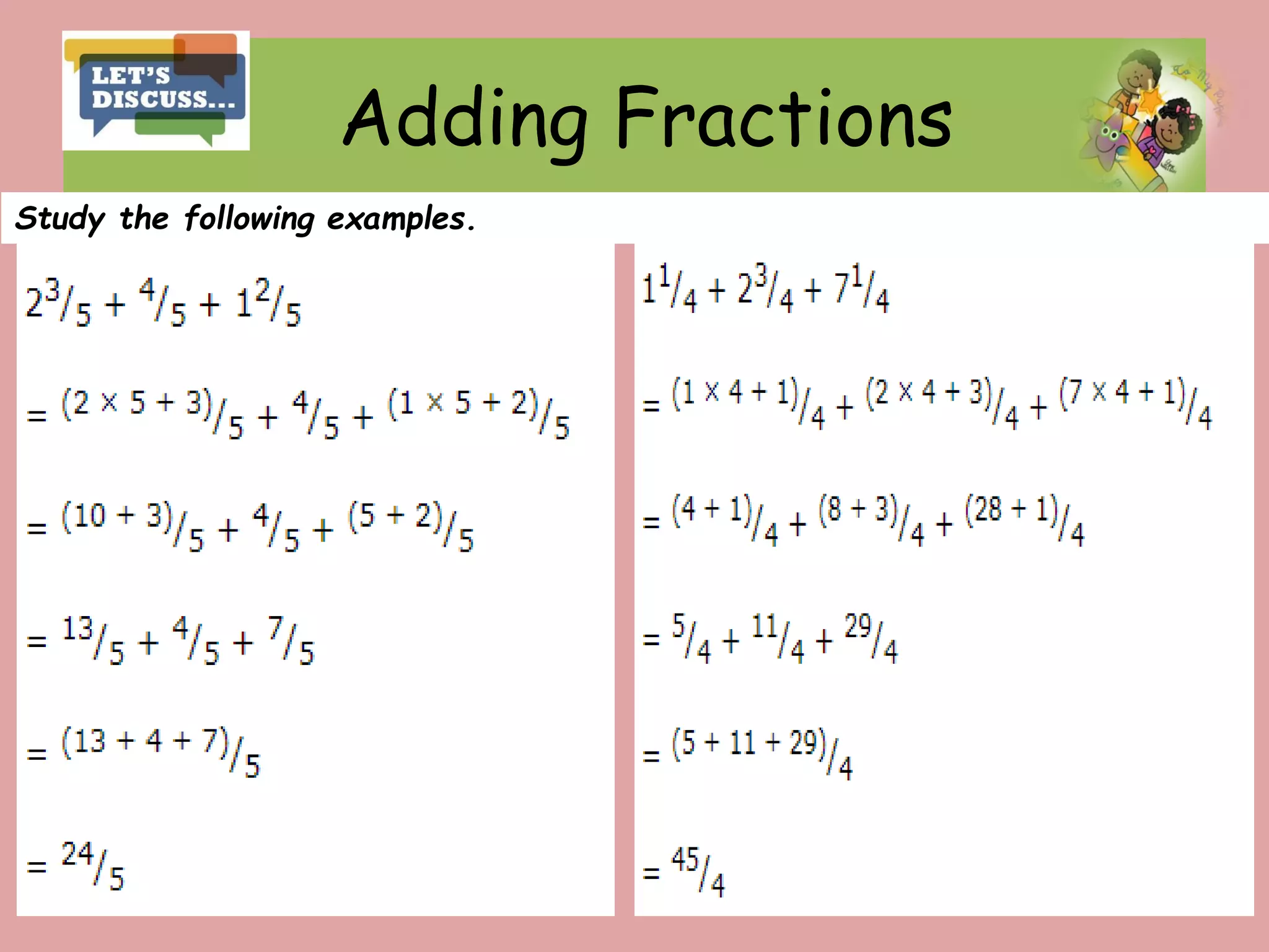Adding Fractions
Study the following examples.
 