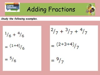 Adding Fractions
Study the following examples.
 