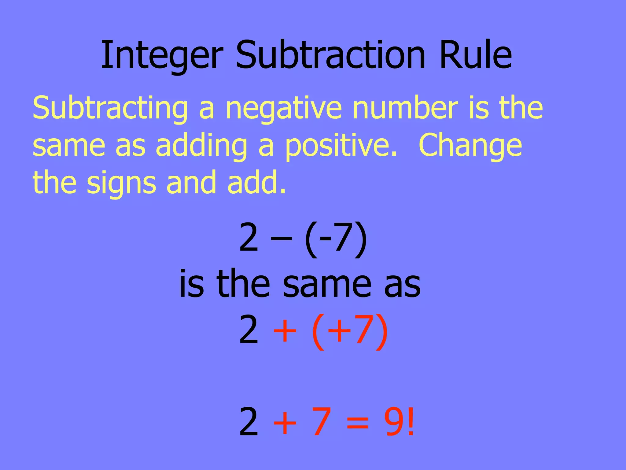 Integer Subtraction Rule
Subtracting a negative number is the
same as adding a positive. Change
the signs and add.
              2 – (-7)
          is the same as
              2 + (+7)

              2 + 7 = 9!
 