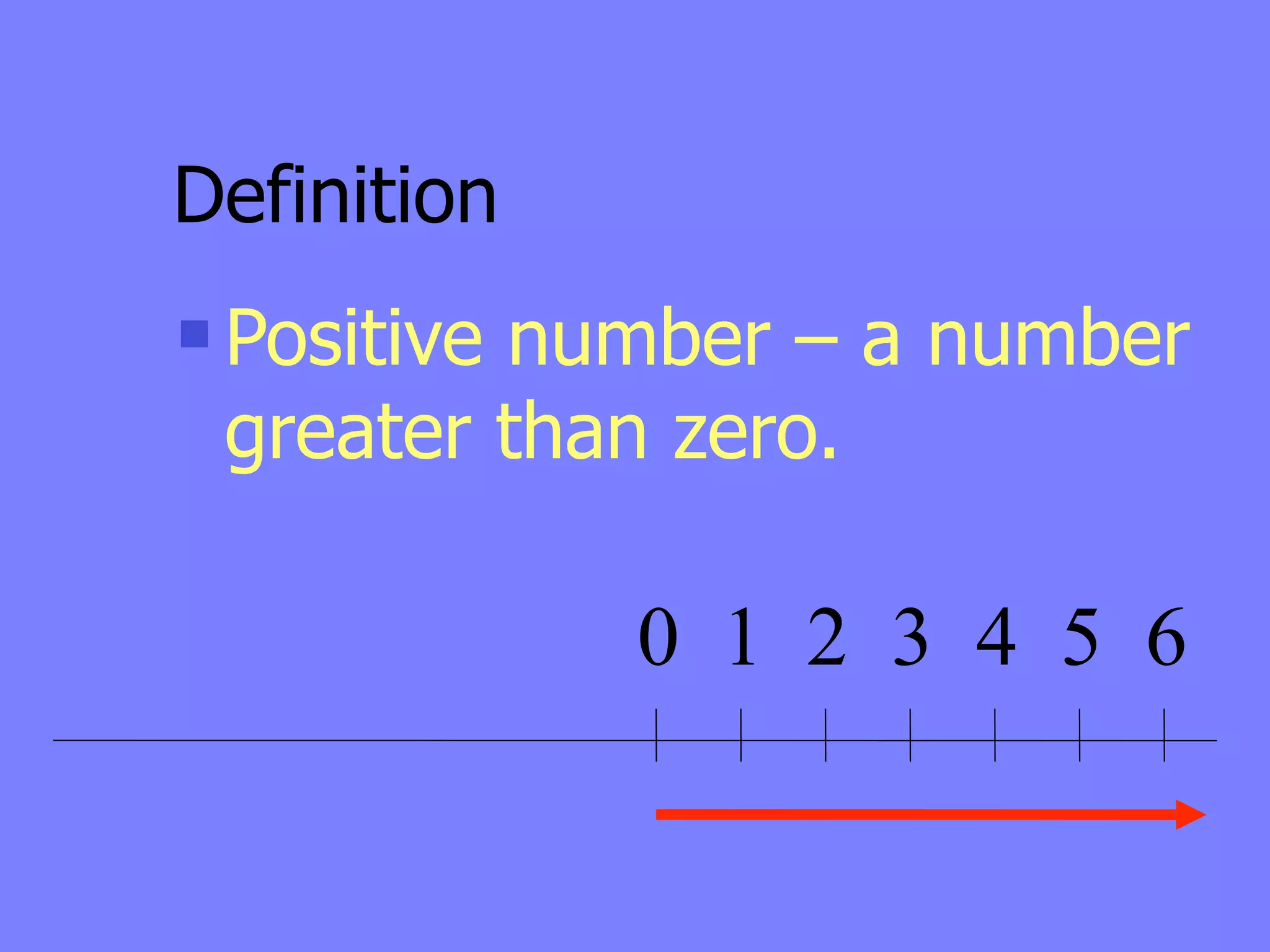 Definition
   Positive number – a number
    greater than zero.

               0 1 2 3 4 5 6
 