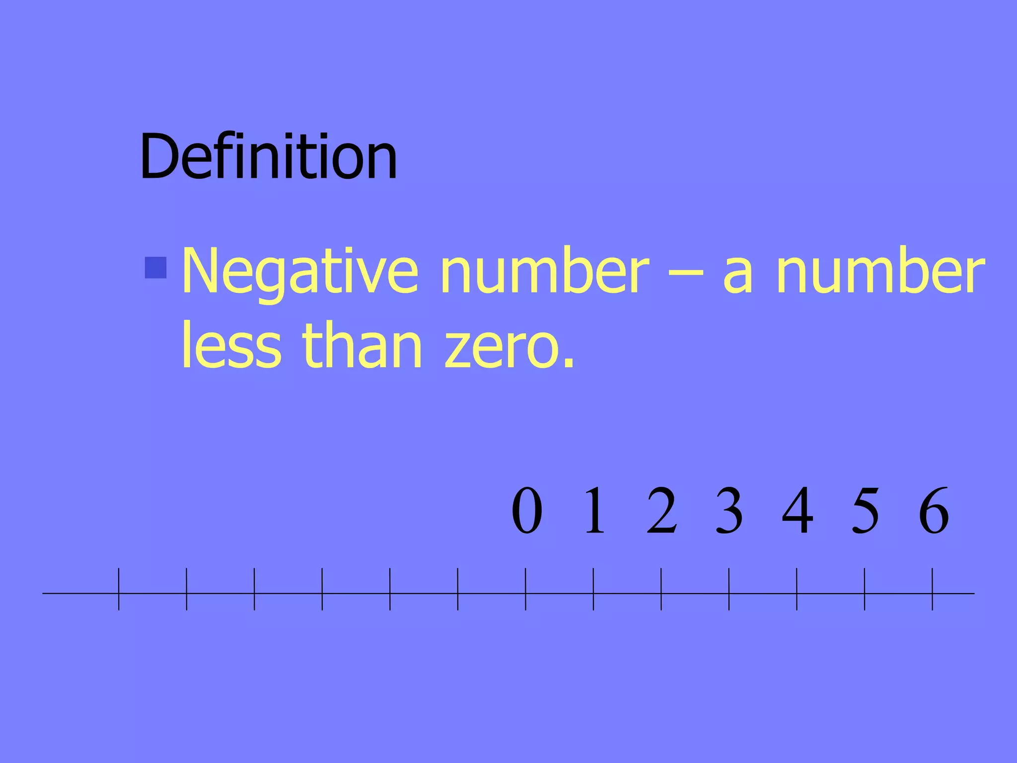 Definition
   Negative number – a number
    less than zero.

              0 1 2 3 4 5 6
 