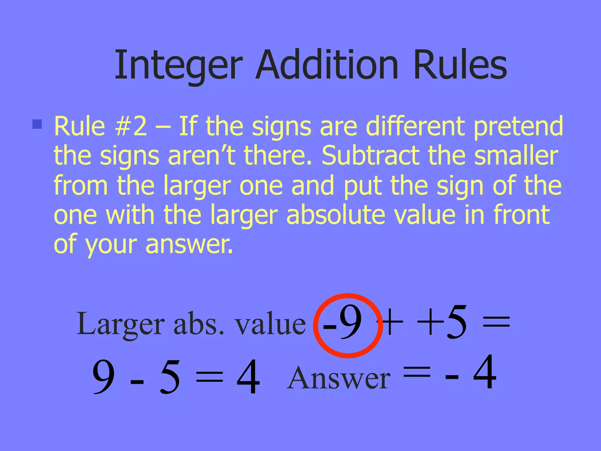 Integer Addition Rules
   Rule #2 – If the signs are different pretend
    the signs aren’t there. Subtract the smaller
    from the larger one and put the sign of the
    one with the larger absolute value in front
    of your answer.


                   -9 + +5 =
     Larger abs. value
       9 - 5 = 4 Answer = - 4
 