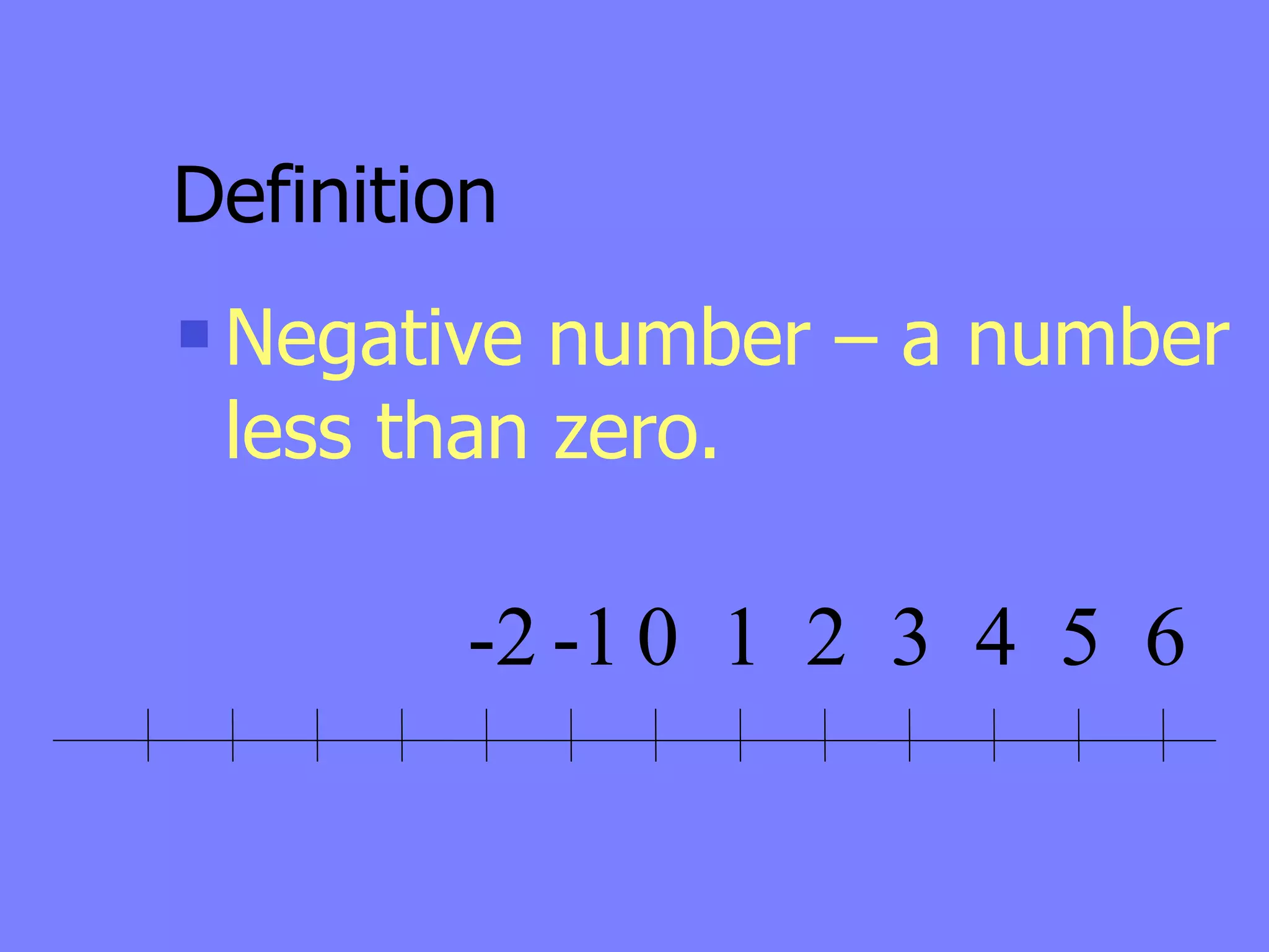 Definition
   Negative number – a number
    less than zero.

          -2 -1 0 1 2 3 4 5 6
 
