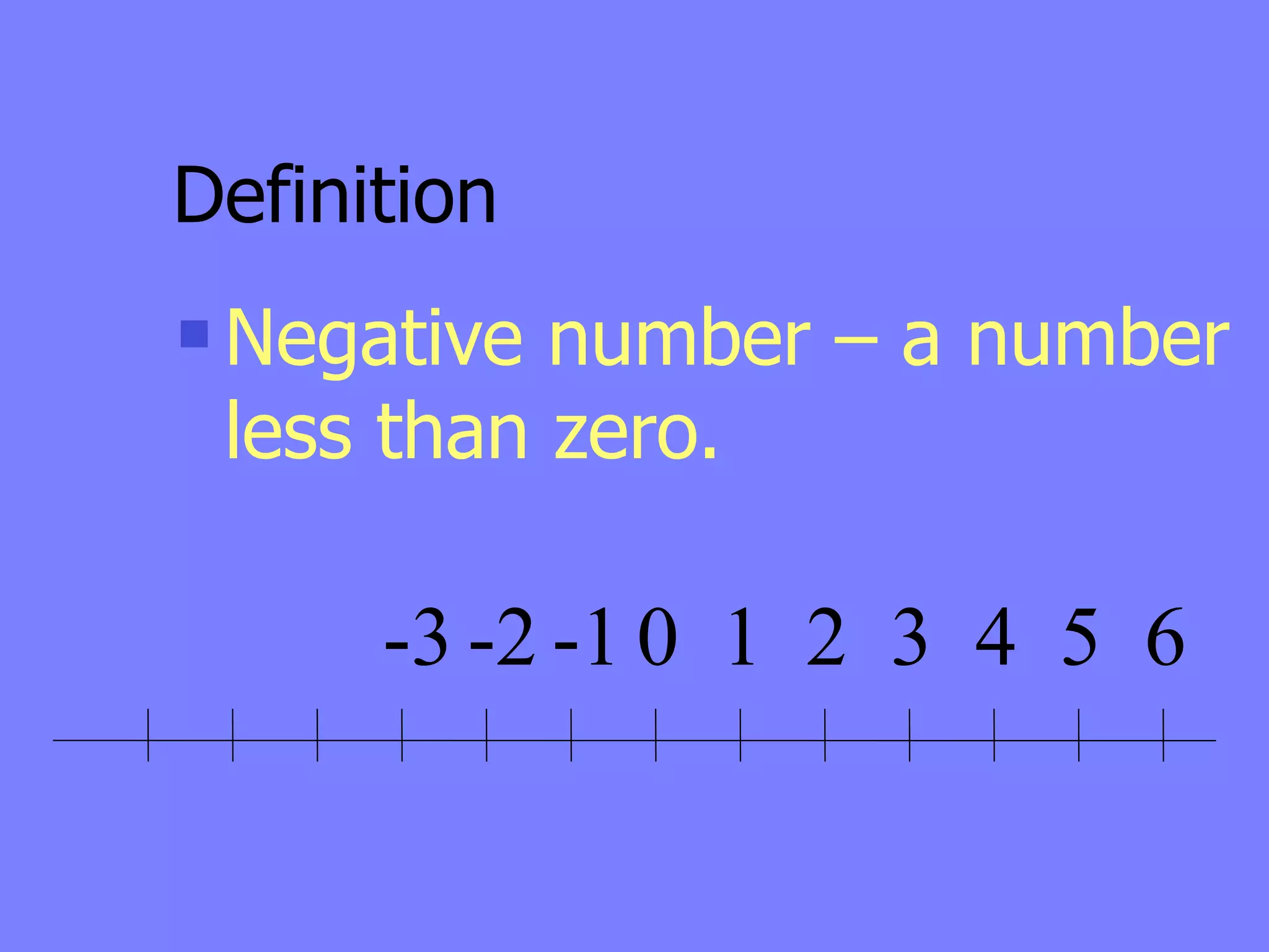 Definition
   Negative number – a number
    less than zero.

        -3 -2 -1 0 1 2 3 4 5 6
 