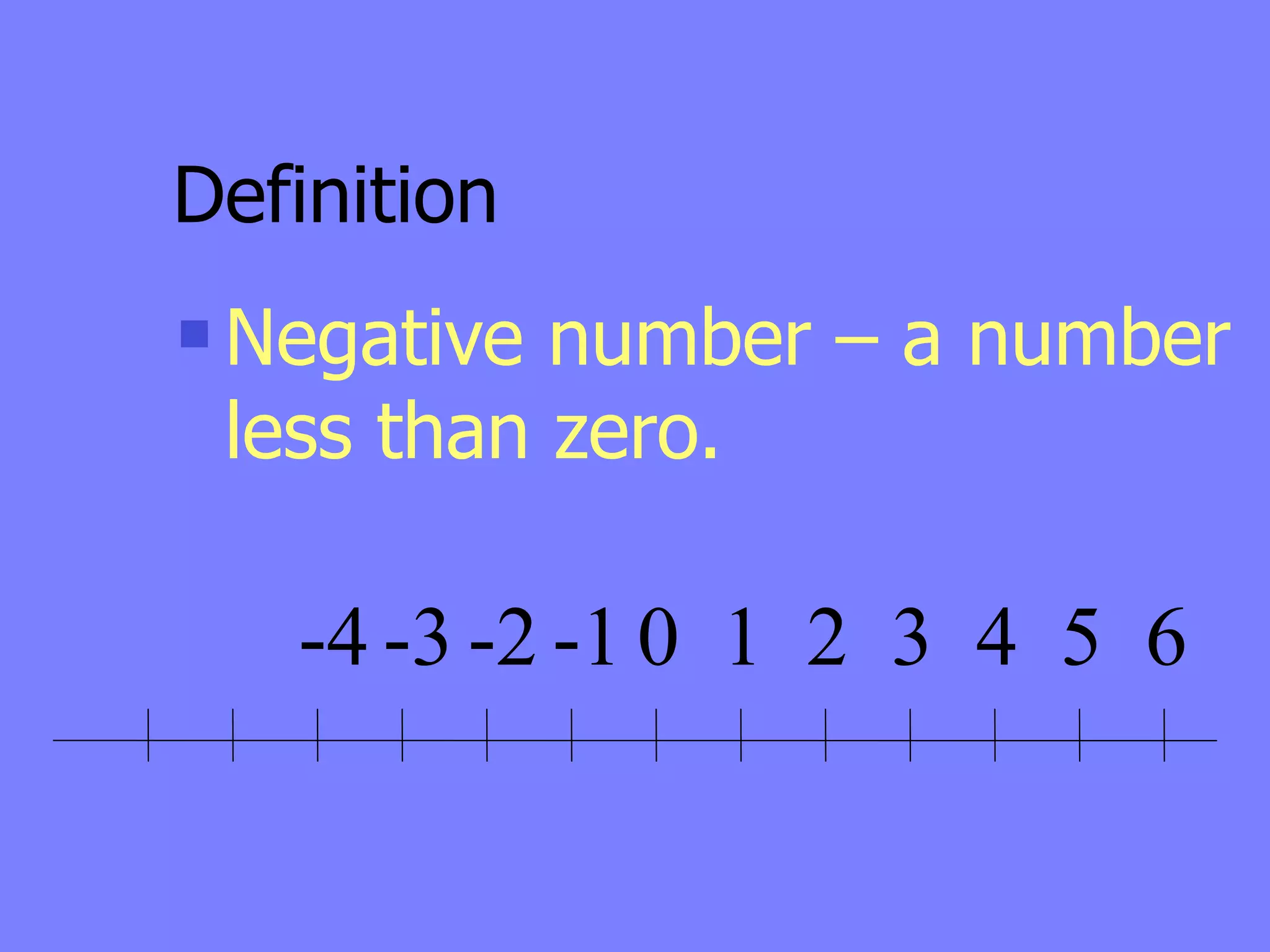 Definition
   Negative number – a number
    less than zero.

     -4 -3 -2 -1 0 1 2 3 4 5 6
 