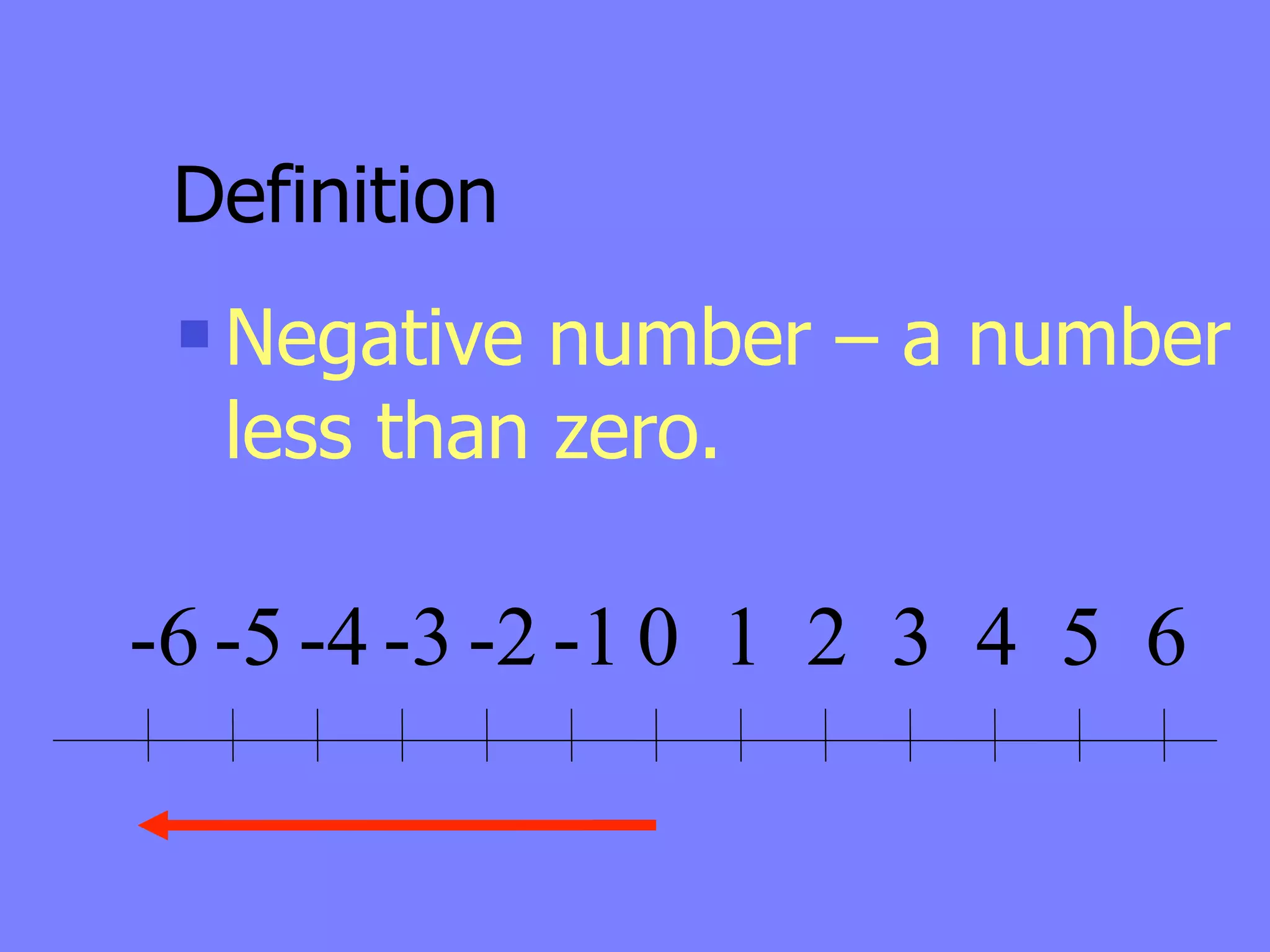 Definition
    Negative number – a number
     less than zero.

-6 -5 -4 -3 -2 -1 0 1 2 3 4 5 6
 