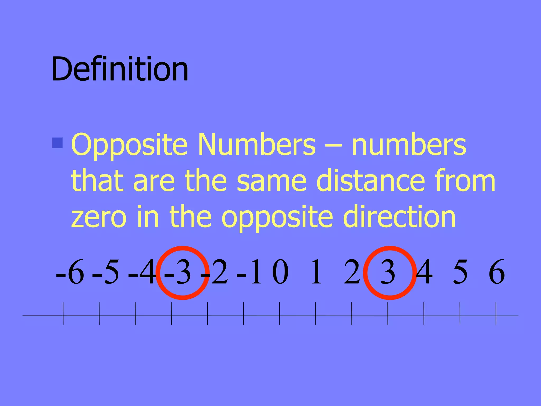 Definition

   Opposite Numbers – numbers
    that are the same distance from
    zero in the opposite direction
-6 -5 -4 -3 -2 -1 0 1 2 3 4 5 6
 