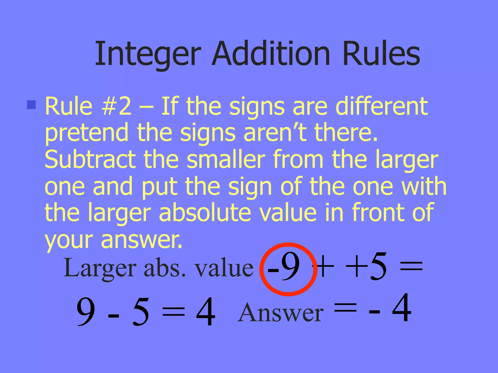 Integer Addition Rules
   Rule #2 – If the signs are different
    pretend the signs aren’t there.
    Subtract the smaller from the larger
    one and put the sign of the one with
    the larger absolute value in front of
    your answer.
                  -9 + +5 =
     Larger abs. value
      9 - 5 = 4 Answer = - 4
 