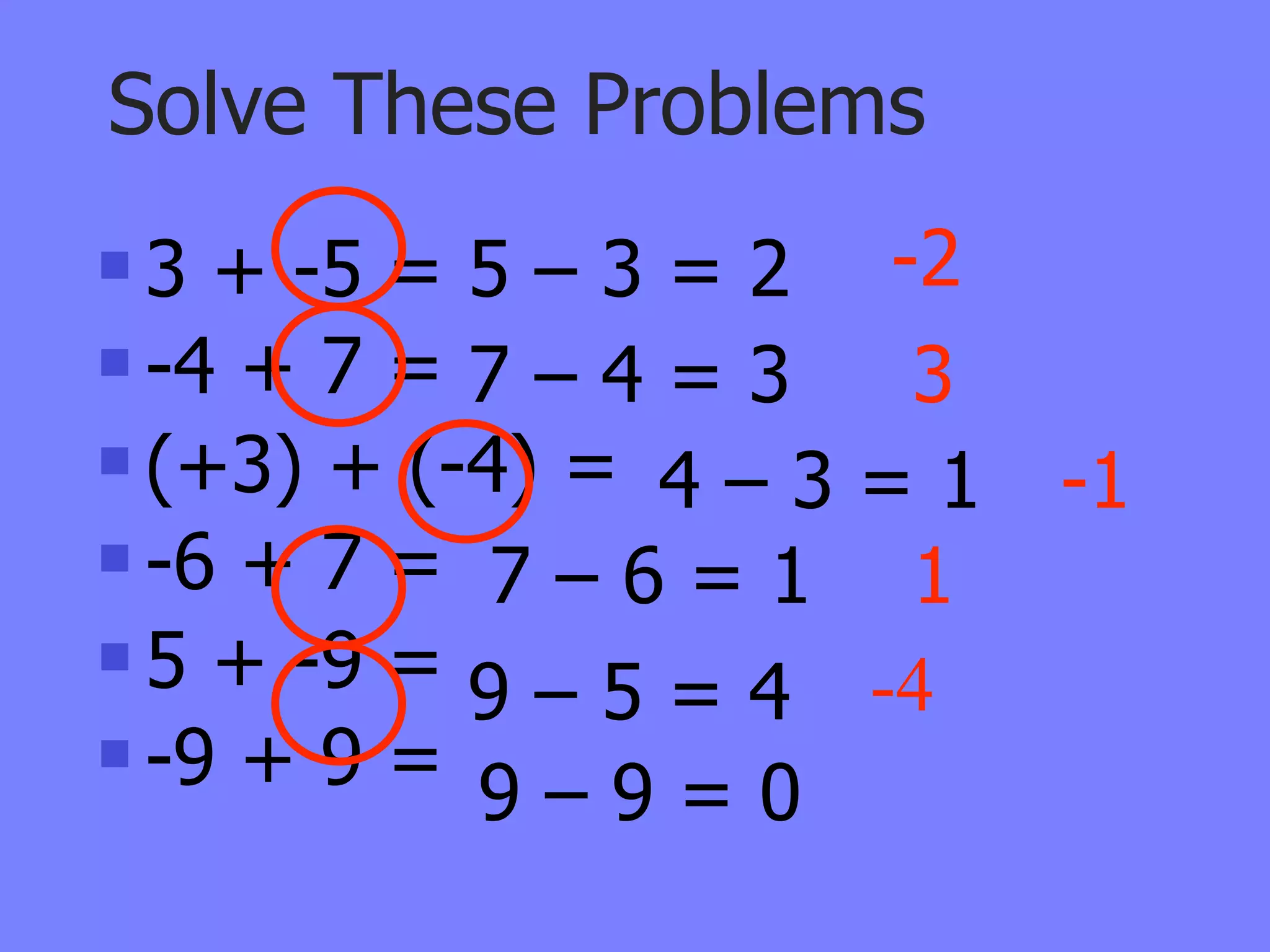 Solve These Problems
 3 + -5 = 5 – 3 = 2 -2
 -4 + 7 = 7 – 4 = 3  3
 (+3) + (-4) =
                 4–3=1    -1
 -6 + 7 =
            7–6=1 1
 5 + -9 =
           9 – 5 = 4 -4
 -9 + 9 =
           9–9=0
 