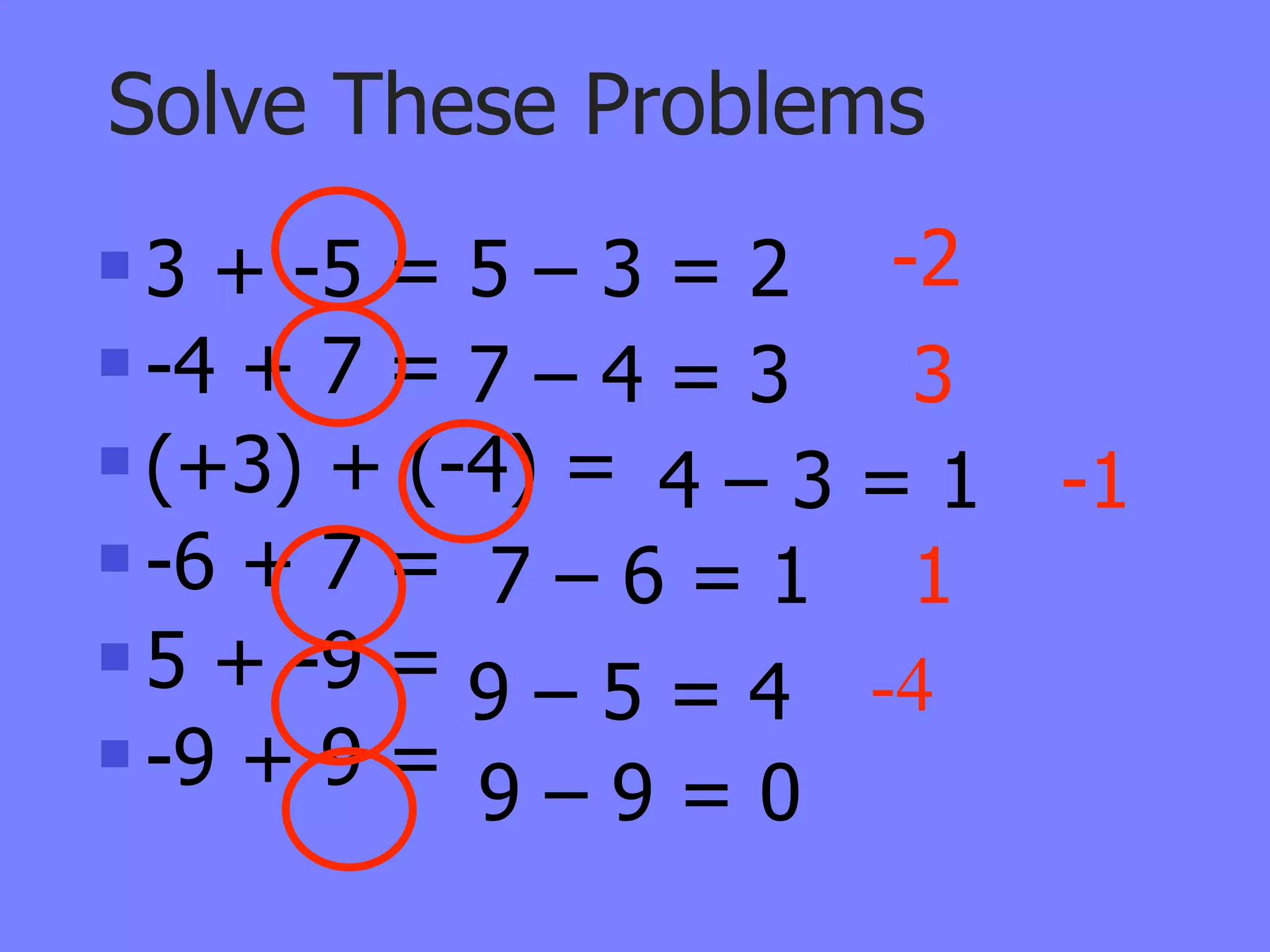 Solve These Problems
 3 + -5 = 5 – 3 = 2 -2
 -4 + 7 = 7 – 4 = 3  3
 (+3) + (-4) =
                 4–3=1    -1
 -6 + 7 =
            7–6=1 1
 5 + -9 =
           9 – 5 = 4 -4
 -9 + 9 =
           9–9=0
 