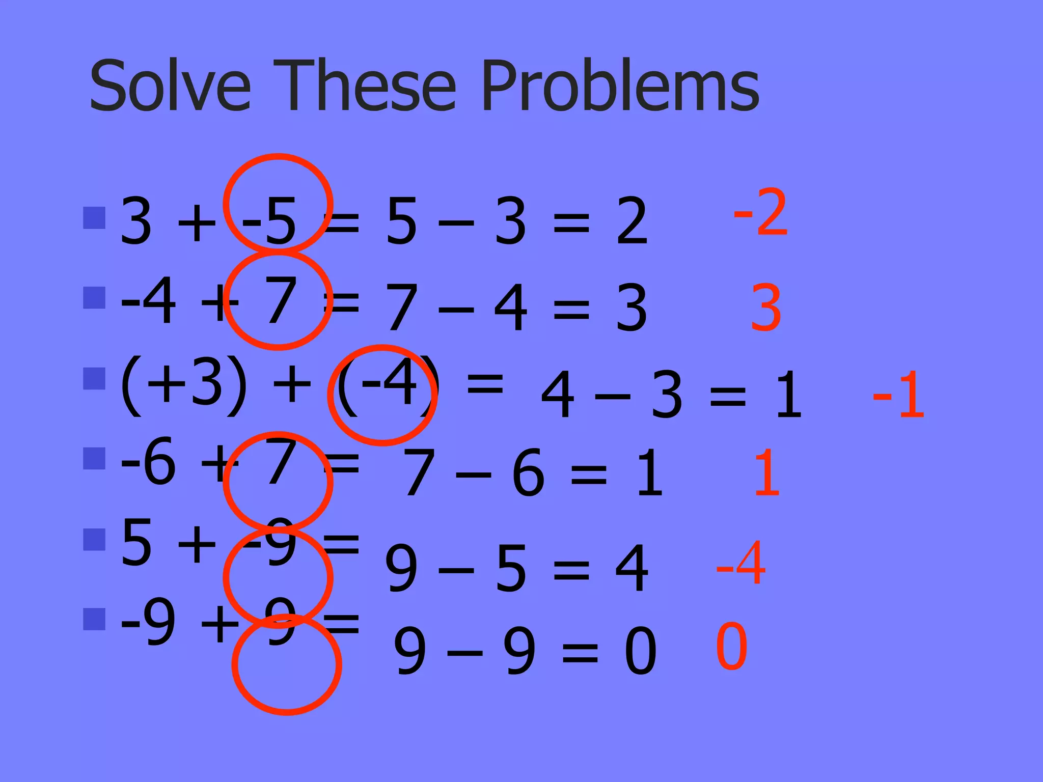 Solve These Problems
 3 + -5 = 5 – 3 = 2    -2
 -4 + 7 = 7 – 4 = 3     3
 (+3) + (-4) =
                 4–3   =1    -1
 -6 + 7 =
            7–6=1        1
 5 + -9 =
           9–5=4       -4
 -9 + 9 =
           9–9=0       0
 