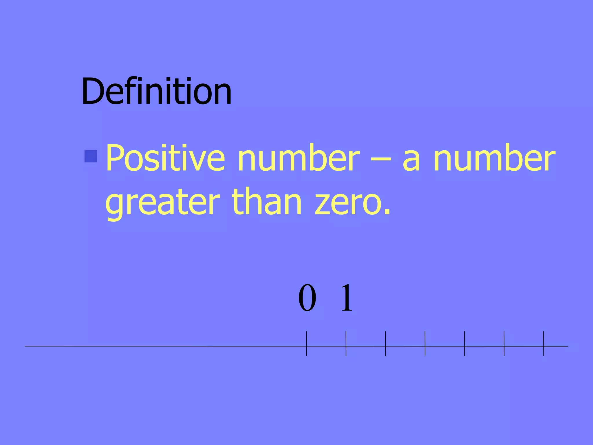 Definition
   Positive number – a number
    greater than zero.

               0 1
 