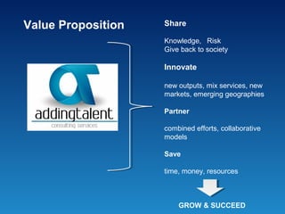 Value Proposition   Share

                    Knowledge, Risk
                    Give back to society

                    Innovate

                    new outputs, mix services, new
                    markets, emerging geographies

                    Partner

                    combined efforts, collaborative
                    models

                    Save

                    time, money, resources



                        GROW & SUCCEED
 