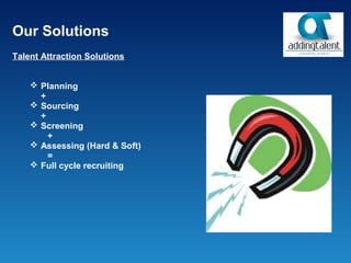 Our Solutions
Talent Attraction Solutions


     Planning
      +
     Sourcing
      +
     Screening
        +
     Assessing (Hard & Soft)
        =
     Full cycle recruiting
 