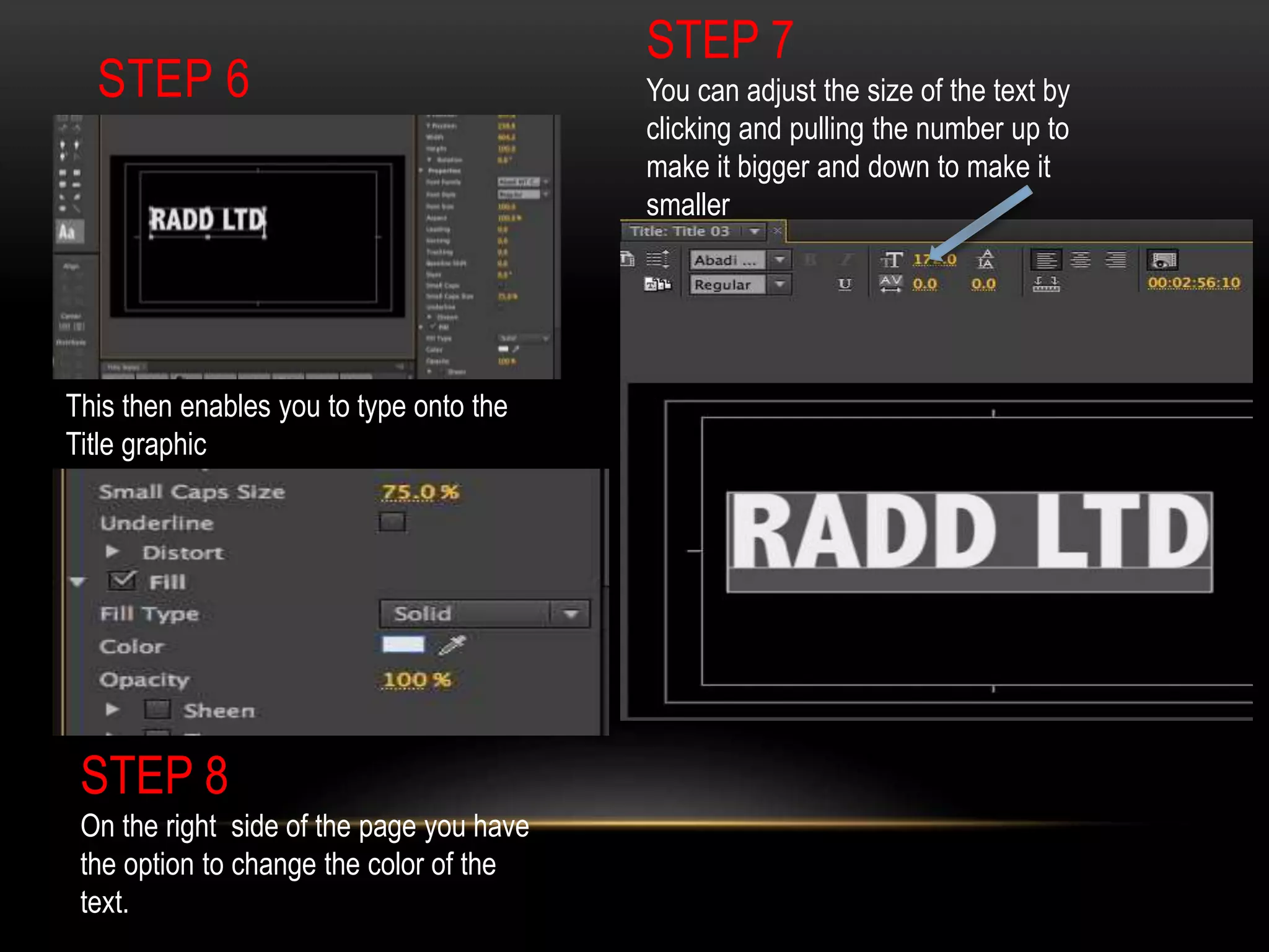 STEP 6
This then enables you to type onto the
Title graphic
STEP 7
You can adjust the size of the text by
clicking and pulling the number up to
make it bigger and down to make it
smaller
STEP 8
On the right side of the page you have
the option to change the color of the
text.
 