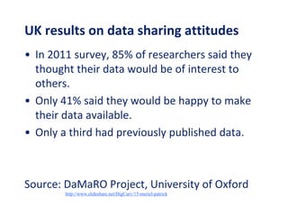 UK results on data sharing attitudes
• In 2011 survey, 85% of researchers said they
thought their data would be of interest to
others.
• Only 41% said they would be happy to make
their data available.
• Only a third had previously published data.
Source: DaMaRO Project, University of Oxford
http://www.slideshare.net/DigCurv/15-meriel-patrick
 