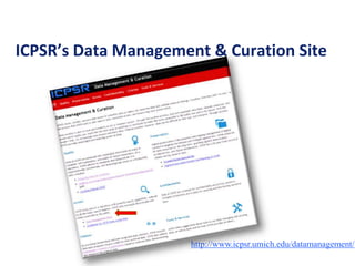 ICPSR’s Data Management & Curation Site
http://www.icpsr.umich.edu/datamanagement/
 