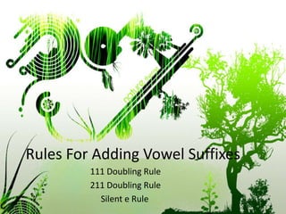 Rules For Adding Vowel Suffixes
         111 Doubling Rule
         211 Doubling Rule
           Silent e Rule
 