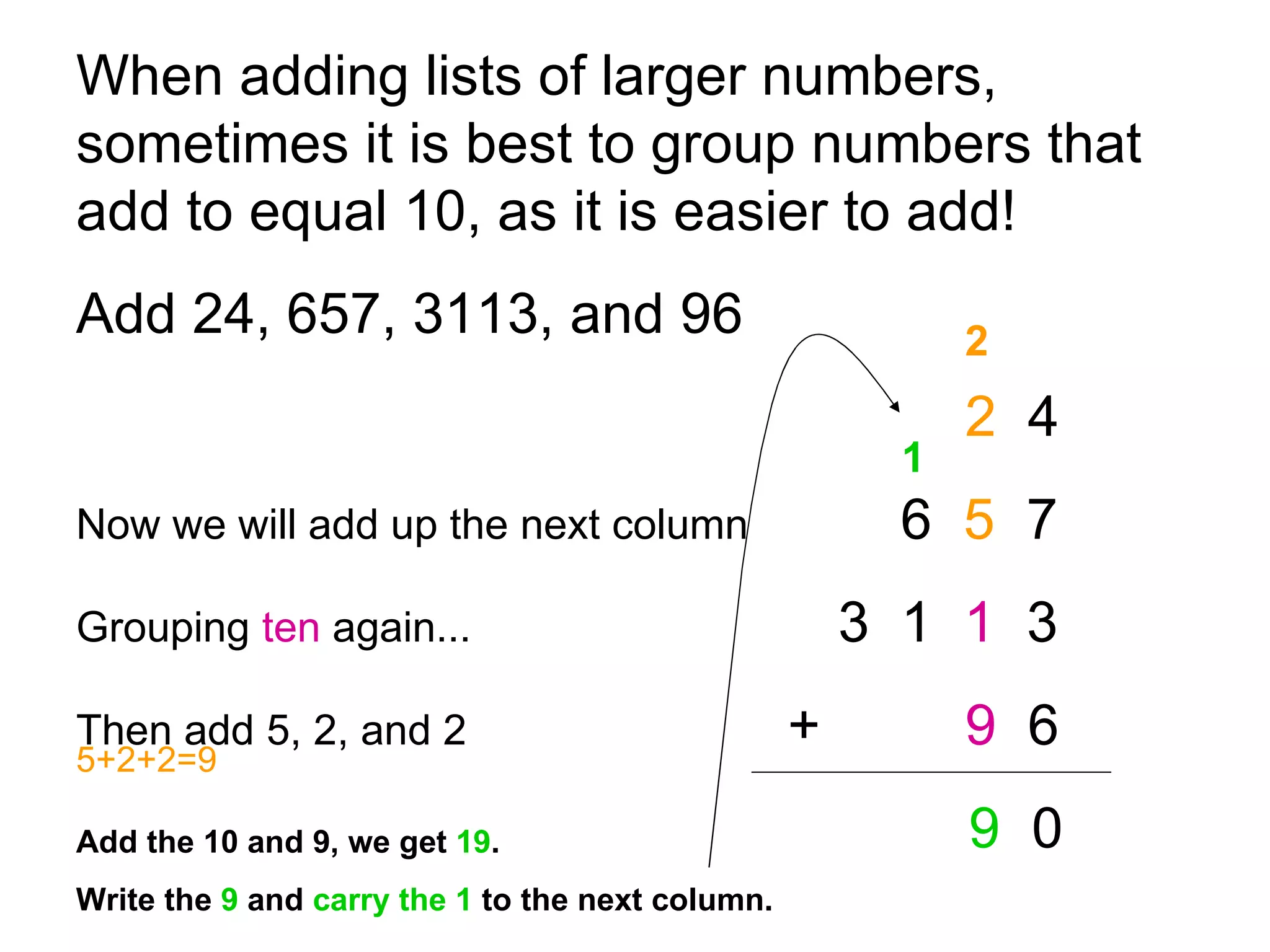 When adding lists of larger numbers, sometimes it is best to group numbers that add to equal 10, as it is easier to add!  Add 24, 657, 3113, and 96 2   4 Now we will add up the next column   6  5   7 Grouping  ten  again... 3  1  1   3 Then add 5, 2, and 2   +   9   6 9   0 2 5+2+2=9 Add the 10 and 9, we get  19 . Write the  9  and  carry the 1  to the next column. 1 